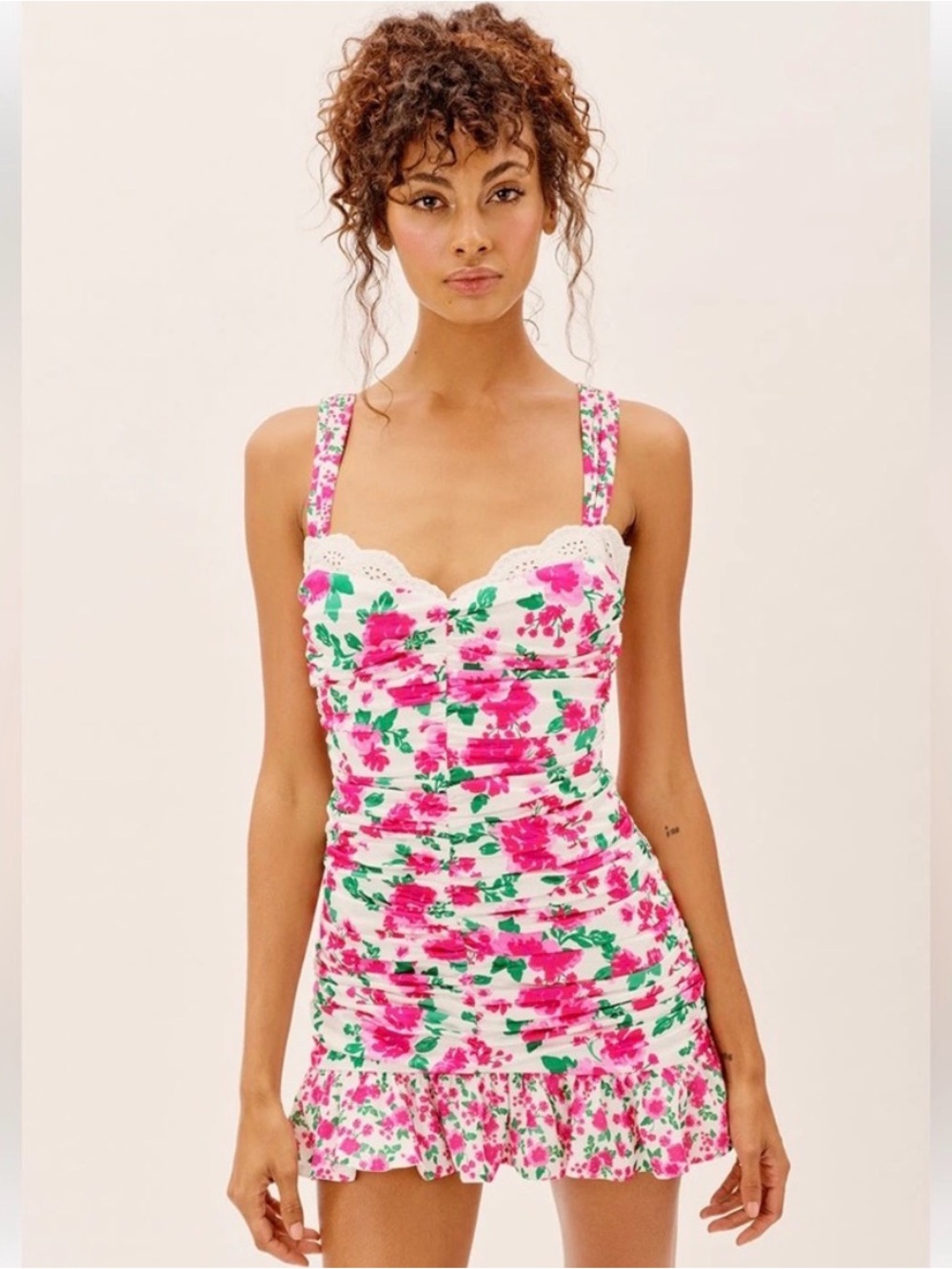For Love & Lemons Carnation Petal Ruched Mini Dress